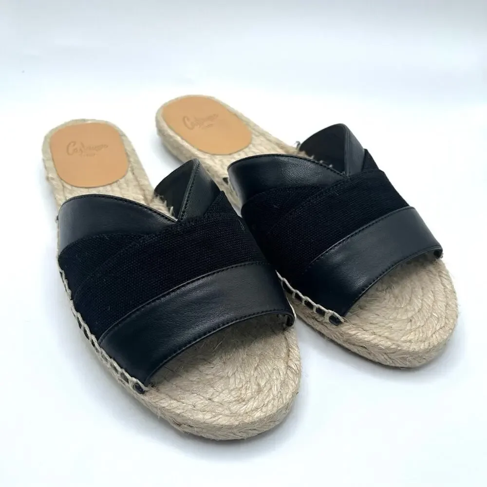 Castañer Pasi Black Leather Espadrille Slides Flat Sandals Size 5 Summer Chic